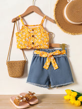 Load image into Gallery viewer, Baby Girl Floral Cami and Belted Denim Shorts Set