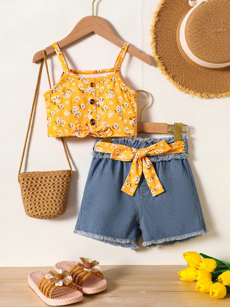 Baby Girl Floral Cami and Belted Denim Shorts Set