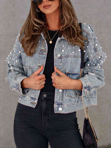 Pearl Trim Button Up Denim Jacket with Pockets