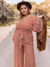 Load image into Gallery viewer, Plus Size Printed V-Neck Tie Front Balloon Sleeve Jumpsuit