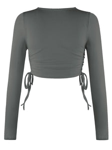 Drawstring Round Neck Long Sleeve Cropped Top