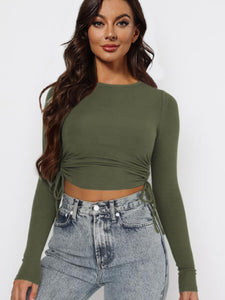 Drawstring Round Neck Long Sleeve Cropped Top