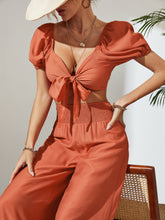 Load image into Gallery viewer, Tie Front Cropped Top and Smocked Wide Leg Pants Set