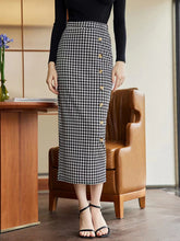 Load image into Gallery viewer, Houndstooth Decorative Button Slit Midi Skirt