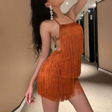 Load image into Gallery viewer, Fringed Halter Neck Tied Back Mini Dress