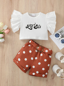 Baby Girl Graphic Butterfly Sleeve Top and Polka Dot Shorts Set