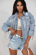 Load image into Gallery viewer, Sequin Fringe Trim Distressed Button Up Denim Jacket