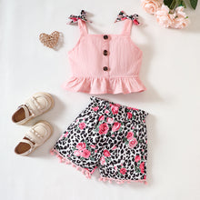 Load image into Gallery viewer, Baby Girl Decorative Button Ruffled Tank and Leopard Floral Shorts Set