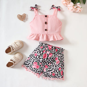 Baby Girl Decorative Button Ruffled Tank and Leopard Floral Shorts Set