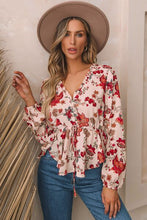 Load image into Gallery viewer, Floral V-Neck Drawstring Peplum Blouse