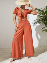 Load image into Gallery viewer, Tie Front Cropped Top and Smocked Wide Leg Pants Set