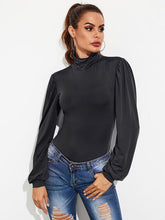 Load image into Gallery viewer, Backless Tie-Waist Turtleneck Lantern Sleeve Bodysuit