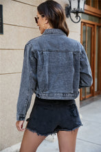 Load image into Gallery viewer, Collared Neck Long Sleeve Cropped Denim Jacket