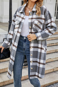 Plaid Button Up Collared Neck Coat with Pockets