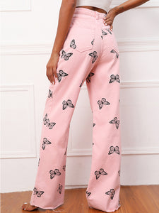 Butterfly Pattern Wide Leg Jeans