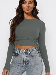 Drawstring Round Neck Long Sleeve Cropped Top