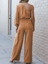 Load image into Gallery viewer, Texture Single Shoulder Tie-Waist Jumpsuit