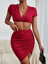 Load image into Gallery viewer, Twisted Deep V Cropped Top and Ruched Skirt Set