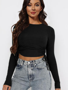 Drawstring Round Neck Long Sleeve Cropped Top