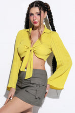 Load image into Gallery viewer, Tie Front Johnny Collar Flare Sleeve Cropped Top