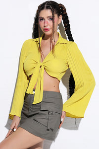 Tie Front Johnny Collar Flare Sleeve Cropped Top