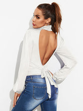 Load image into Gallery viewer, Backless Tie-Waist Turtleneck Lantern Sleeve Bodysuit