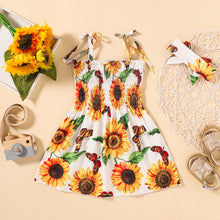 Load image into Gallery viewer, GIRLS Sunflower Print Smocked Tie Shoulder Dress