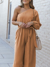 Load image into Gallery viewer, Texture Single Shoulder Tie-Waist Jumpsuit