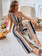 Load image into Gallery viewer, Striped Surplice Neck Sleeveless Wide Leg Jumpsuit