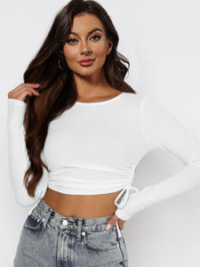 Drawstring Round Neck Long Sleeve Cropped Top