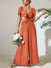 Load image into Gallery viewer, Tie Front Cropped Top and Smocked Wide Leg Pants Set