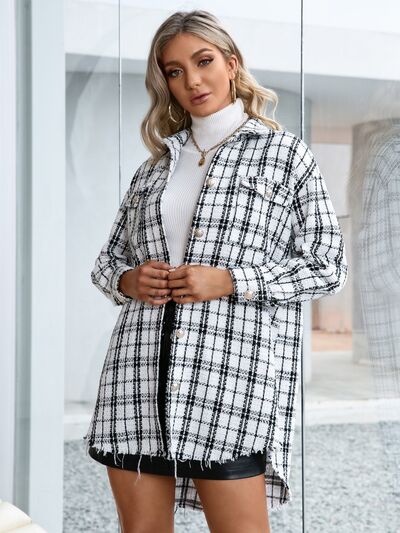 Plaid Pocketed Button Up Dropped Shoulder Jacket