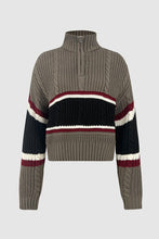 Load image into Gallery viewer, Cable-Knit Striped Quarter Zip Turtleneck Sweater