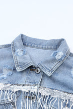 Load image into Gallery viewer, Sequin Fringe Trim Distressed Button Up Denim Jacket