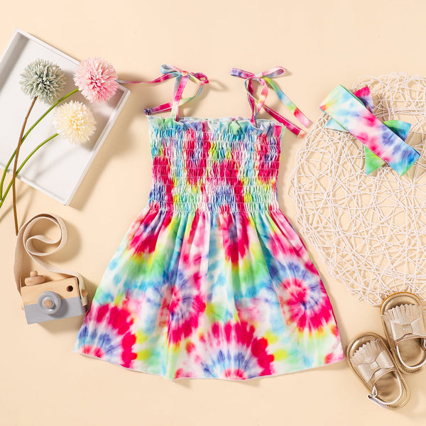 GIRLS Tie-Dye Smocked Tie-Shoulder Dress