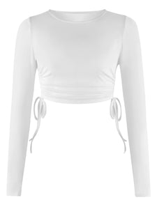 Drawstring Round Neck Long Sleeve Cropped Top