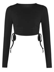 Drawstring Round Neck Long Sleeve Cropped Top