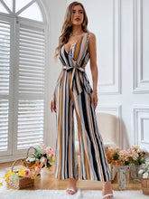 Load image into Gallery viewer, Striped Surplice Neck Sleeveless Wide Leg Jumpsuit