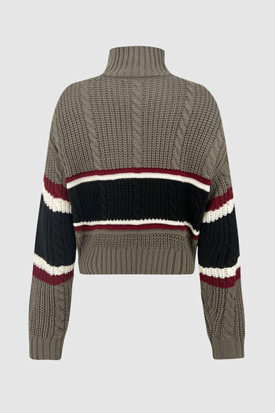 Cable-Knit Striped Quarter Zip Turtleneck Sweater