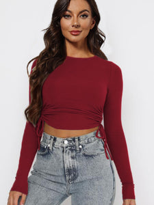 Drawstring Round Neck Long Sleeve Cropped Top