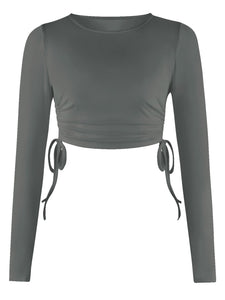 Drawstring Round Neck Long Sleeve Cropped Top