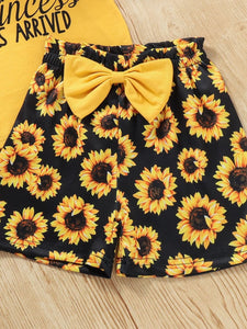 Baby Girl Slogan Graphic Top and Sunflower Print Shorts Set