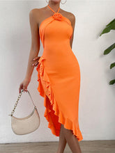 Load image into Gallery viewer, Halter Neck Ruffle Trim Sleeveless Dress