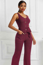 Load image into Gallery viewer, Button Detail Tie Waist Jumpsuit with Pockets