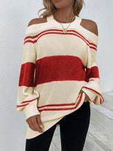 Load image into Gallery viewer, Color Block Striped Cold Shoulder Sweater