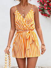 Load image into Gallery viewer, Striped Tie Waist Spaghetti Strap Romper