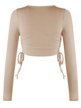 Load image into Gallery viewer, Drawstring Round Neck Long Sleeve Cropped Top