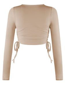 Drawstring Round Neck Long Sleeve Cropped Top