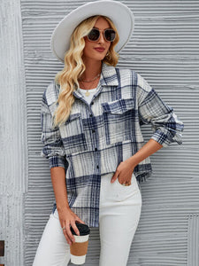 Plaid Pocketed Button Up Dropped Shoulder Jacket