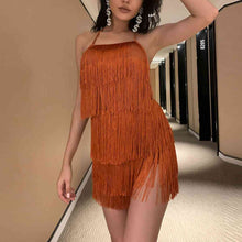 Load image into Gallery viewer, Fringed Halter Neck Tied Back Mini Dress